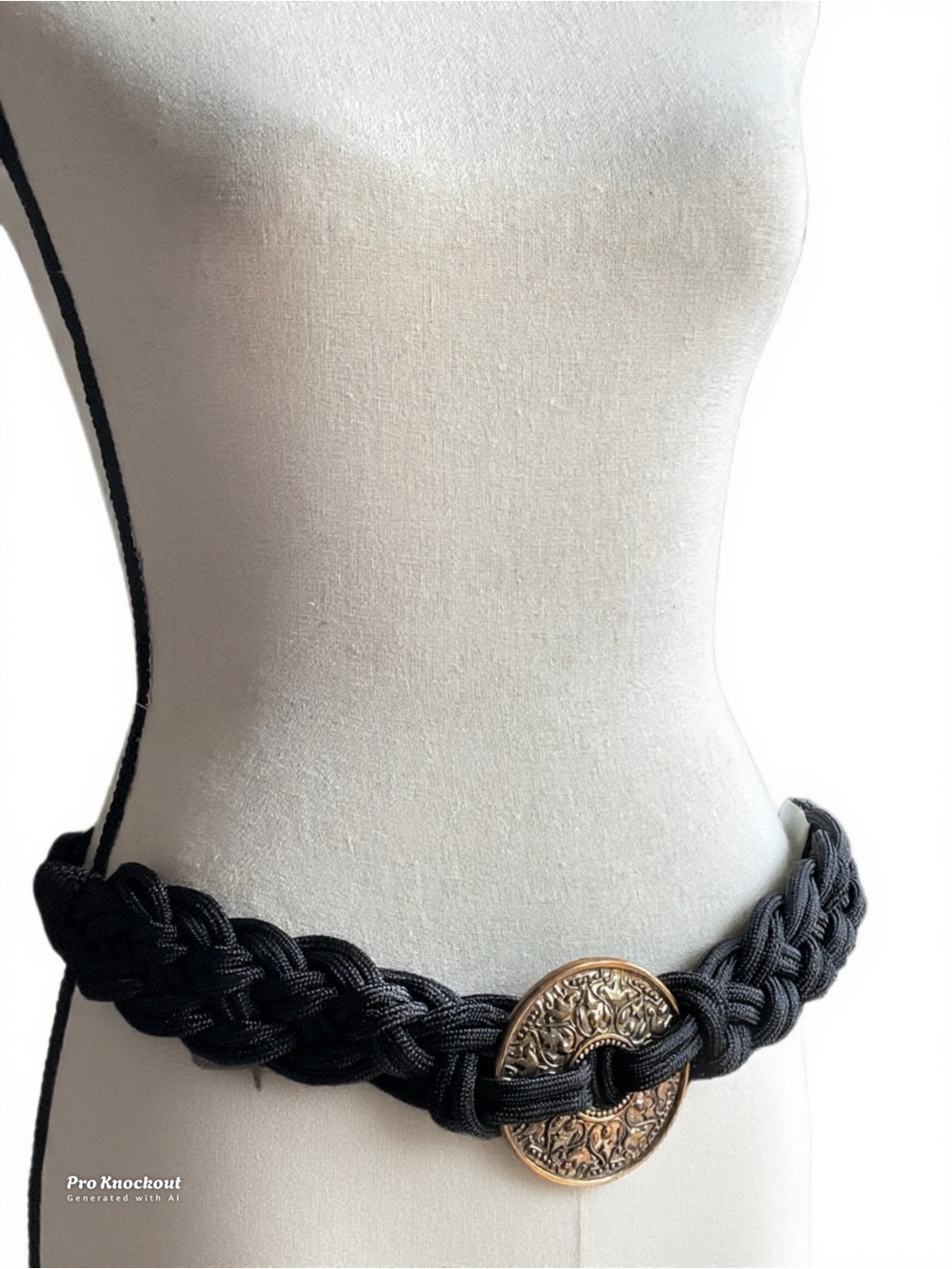 80s Braided Black Rope Belt with Ornate Gold Medallion VTG - XL 37.375”